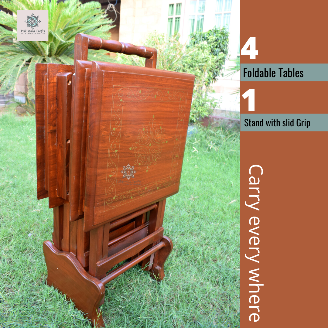 Handmade Picnic Table Set Of 4 Pure Sheesham Wood With Brass Inlay H.F