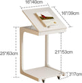 A cream-colored rolling lectern or document table with an adjustable top, a lower shelf, and measurement callouts showing its dimensions.