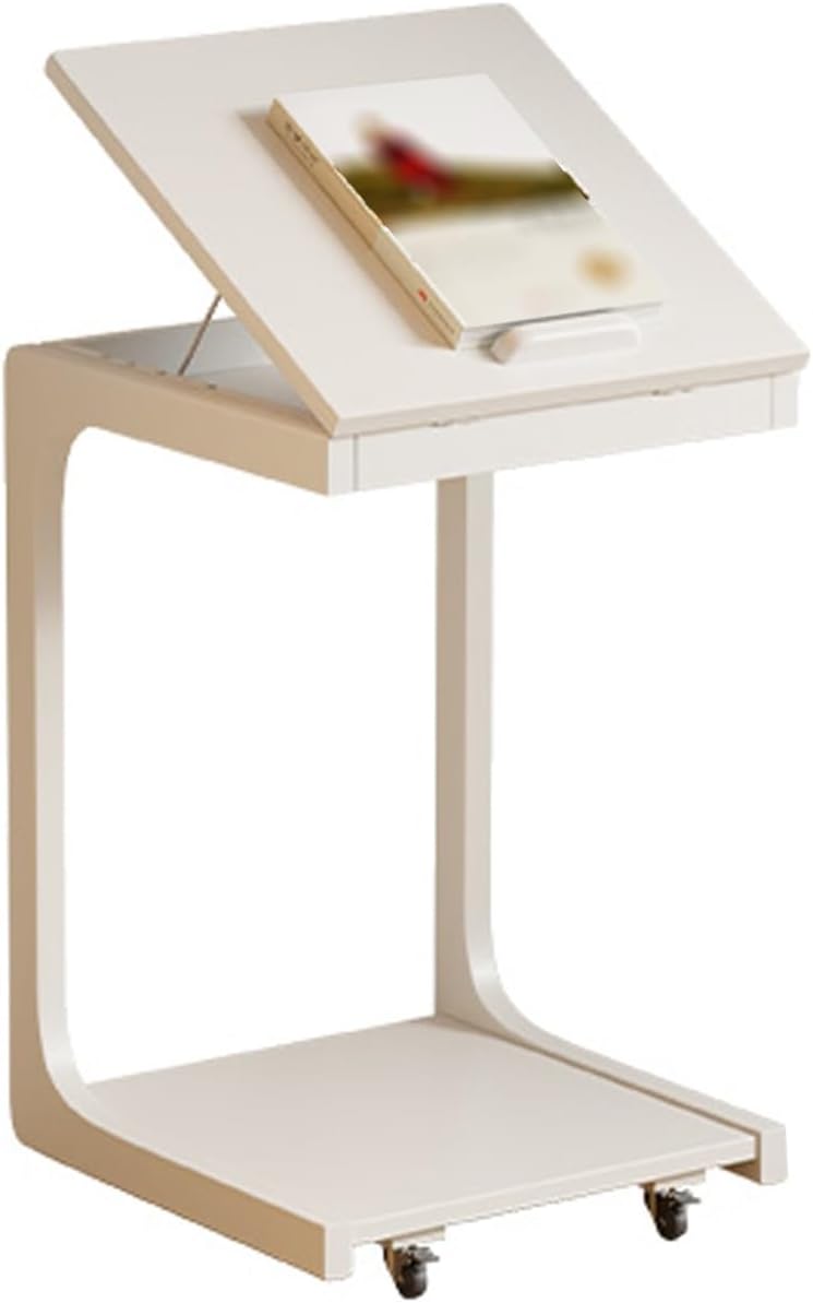 A brown rolling side table with a lower shelf and casters, shown in a living room setting beside a cream sofa. The image includes text overlays explaining '360° Universal Wheel' and 'Lockable Universal Pulley', plus a small inset close-up of the pulley mechanism.