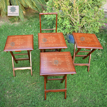 Handmade Picnic Table Set Of 4 Pure Sheesham Wood With Brass Inlay H.F