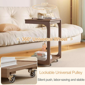 A brown rolling side table with a lower shelf and casters, shown in a living room setting beside a cream sofa. The image includes text overlays explaining '360° Universal Wheel' and 'Lockable Universal Pulley', plus a small inset close-up of the pulley mechanism.