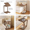 A 2x2 collage showing a brown wooden rolling side table/nightstand in different views and use cases. Top-left shows the product isolated with text labels for material and C-shaped design.
