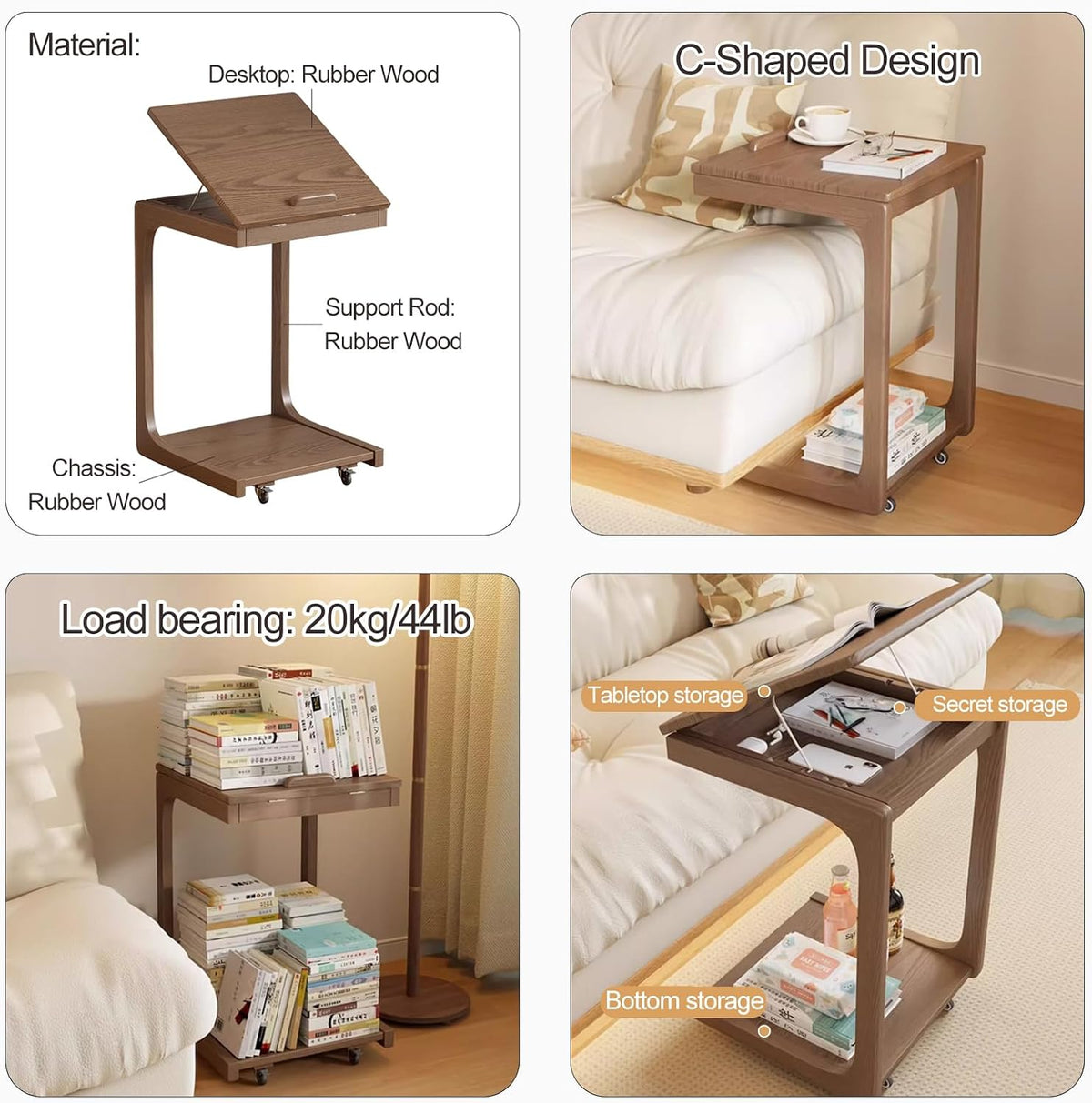 A 2x2 collage showing a brown wooden rolling side table/nightstand in different views and use cases. Top-left shows the product isolated with text labels for material and C-shaped design.