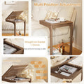 A 5-panel collage demonstrating a brown wooden multi-position adjustable side table. The panels show the table in a living room setting next to a sofa, highlighting its lift-up top tray, swiveling legs, and storage compartment.