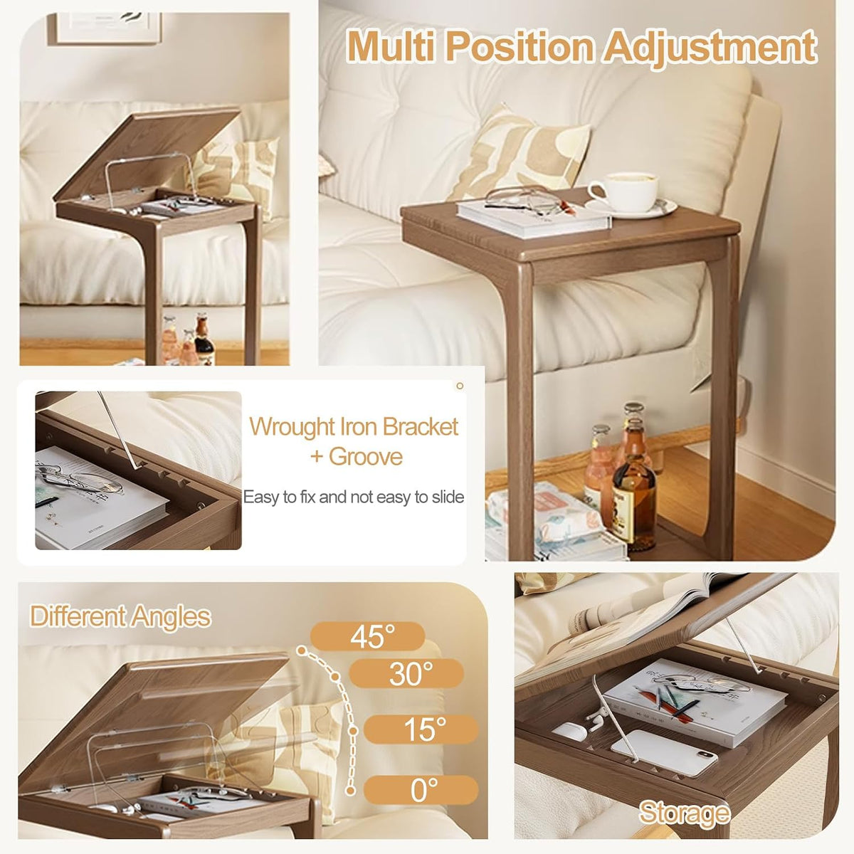 A 5-panel collage demonstrating a brown wooden multi-position adjustable side table. The panels show the table in a living room setting next to a sofa, highlighting its lift-up top tray, swiveling legs, and storage compartment.