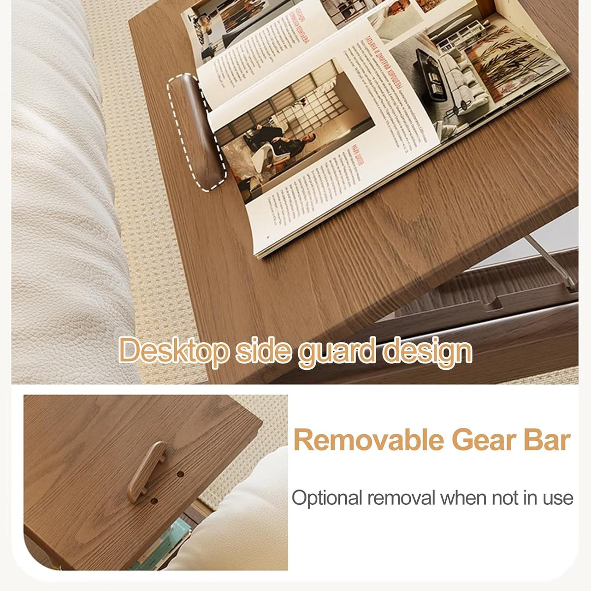 A wooden desk or lap desk shown at an angle on a bed, with an open magazine resting on top. The image includes text overlays highlighting a 'Desktop side guard design' and a 'Removable Gear Bar,' with a close-up inset showing the bar and its optional removal.