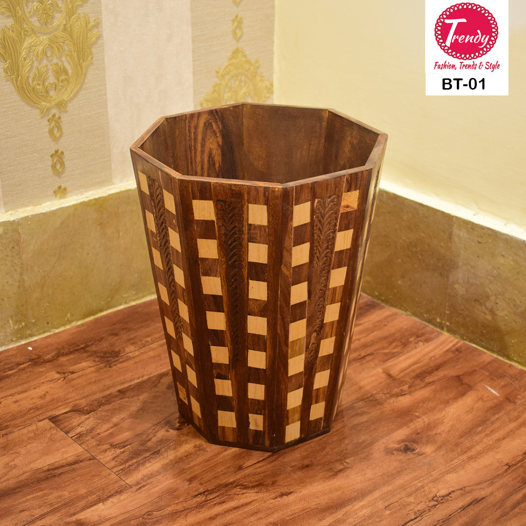 Wooden Dustbin With Man Crafted Tukri Work BT-01 - Trendy Pakistan