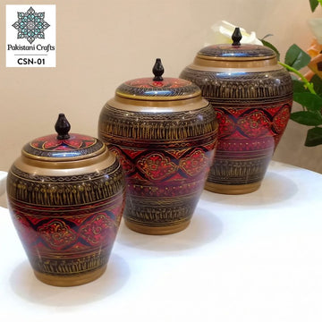 Set Of 3 Wooden Candy Jar With Beautiful Lacquer Art H.D
