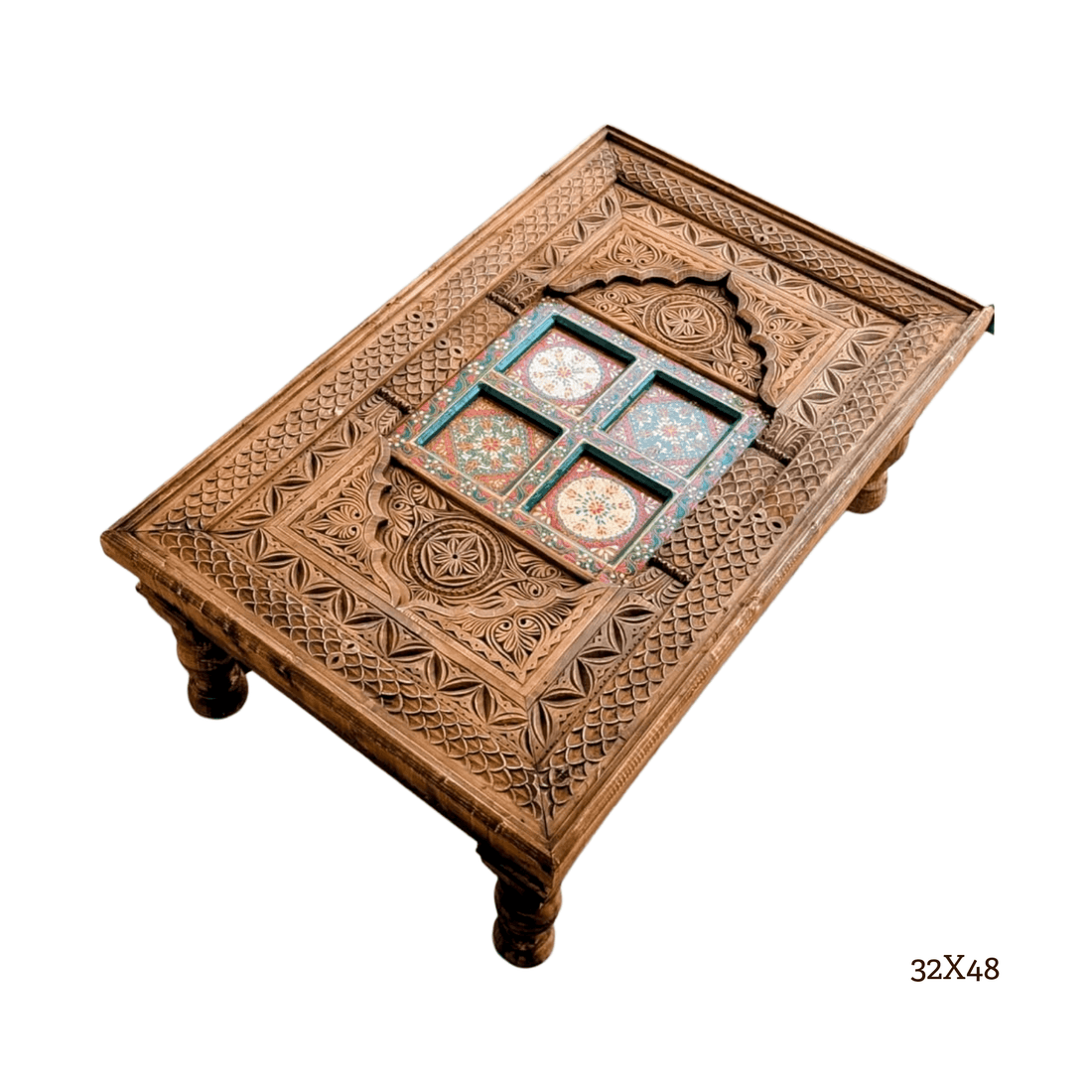 An ornate rectangular wooden coffee table with intricate hand-carved geometric patterns and a central decorative tile panel, shown on a plain white background with a size label '32X48' in the bottom right.
