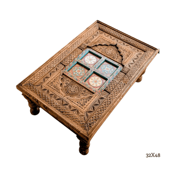 An ornate rectangular wooden coffee table with intricate hand-carved geometric patterns and a central decorative tile panel, shown on a plain white background with a size label '32X48' in the bottom right.