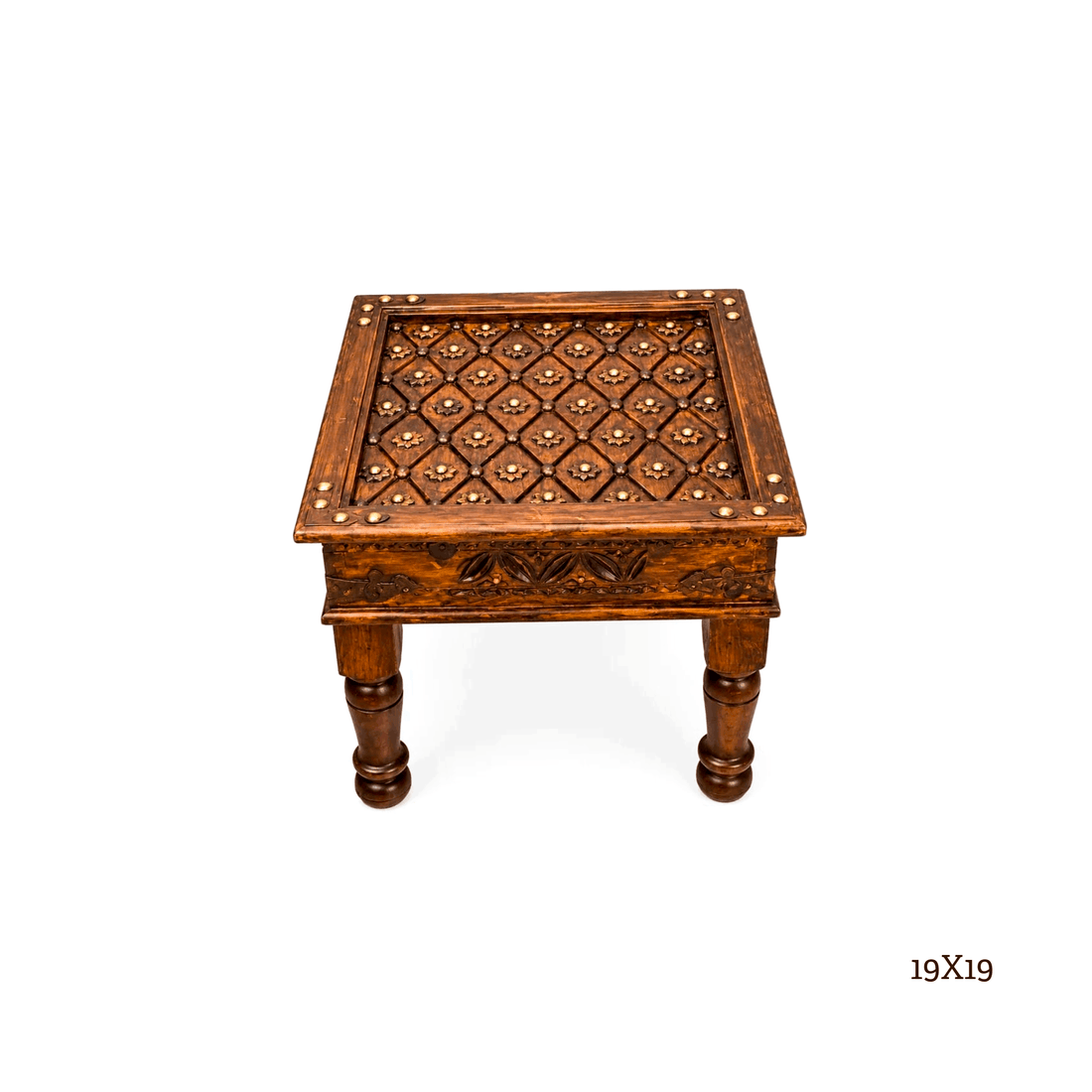 A square wooden side table with carved geometric patterns on the top and turned legs, shown on a plain white background with a size label '19X19' in the bottom right corner.