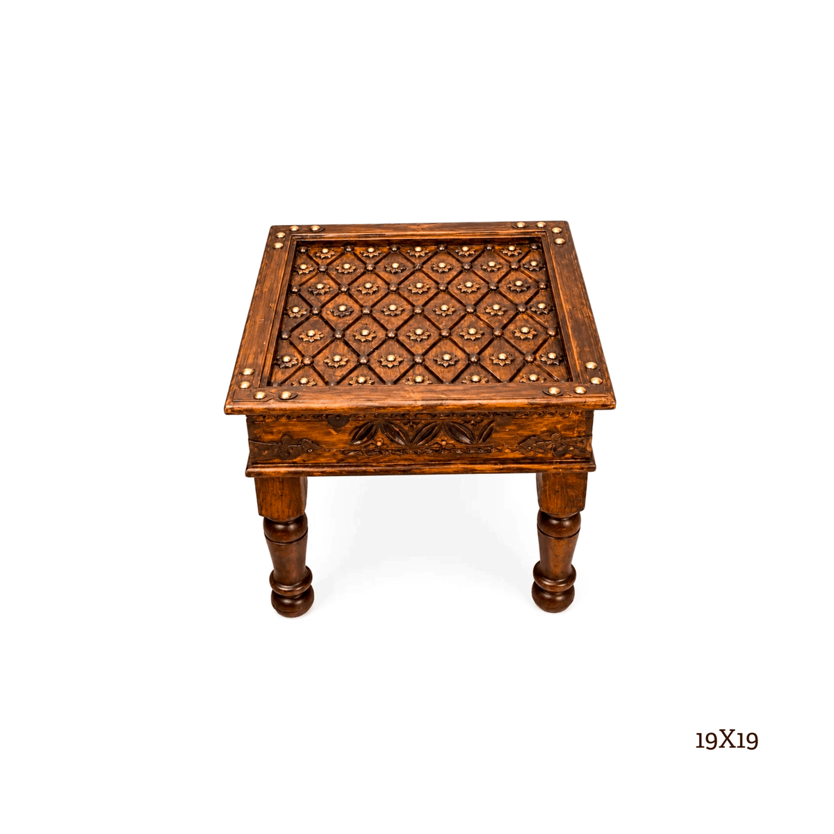 A square wooden side table with carved geometric patterns on the top and turned legs, shown on a plain white background with a size label '19X19' in the bottom right corner.