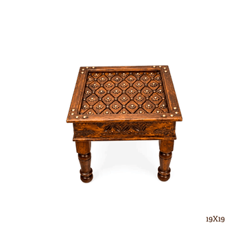 A square wooden side table with carved geometric patterns on the top and turned legs, shown on a plain white background with a size label '19X19' in the bottom right corner.