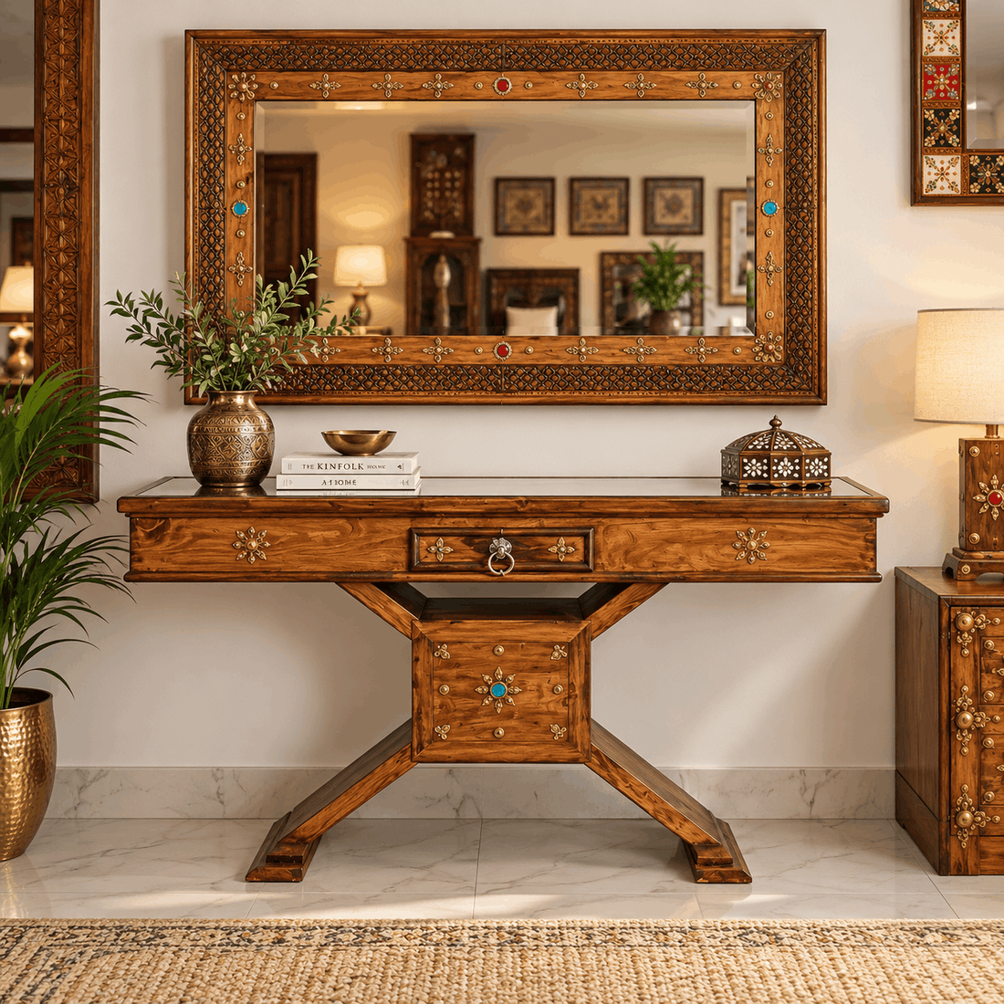 Handcrafted Swati Lobby Console – Stone and Brass Flower Detailing H.D