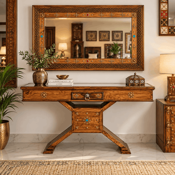 Handcrafted Swati Lobby Console – Stone and Brass Flower Detailing H.D