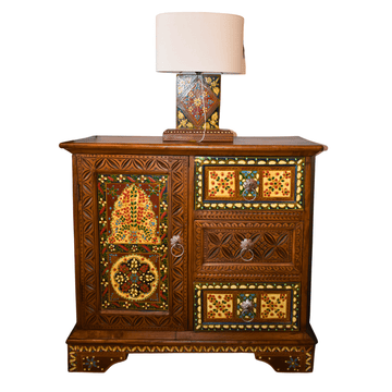 Handcrafted Wooden Chest with Double Doors, Drawers, and Mughal Art – Sheesham & Kail Wood Storage Cabinet