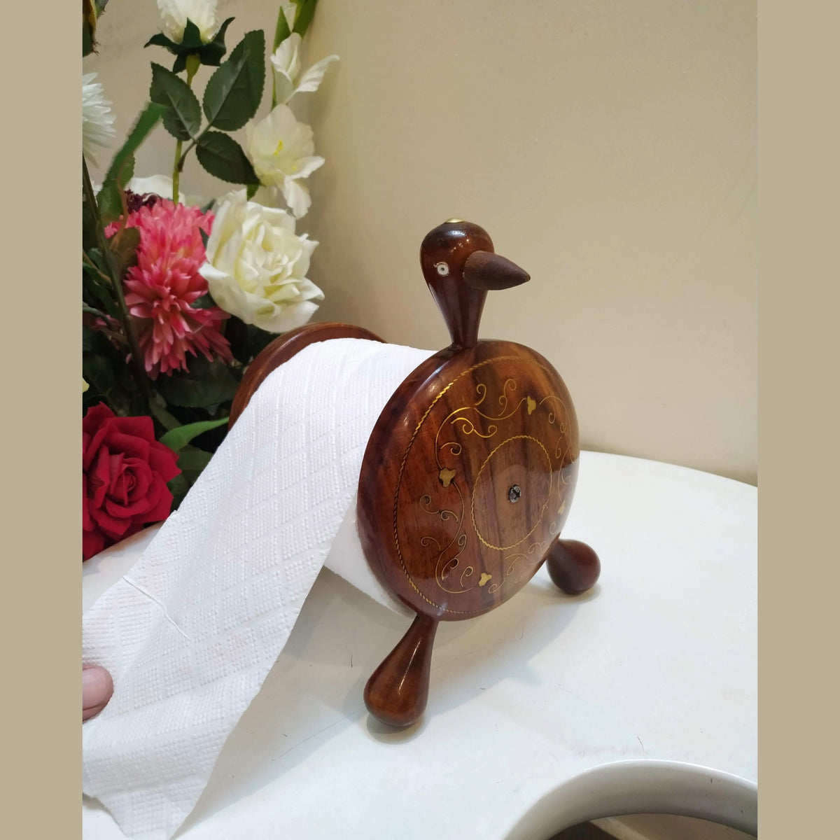 Handcrafted Wooden Duck Tissue Roll Stand with Brass Inlay – Decorative Tissue Holder
