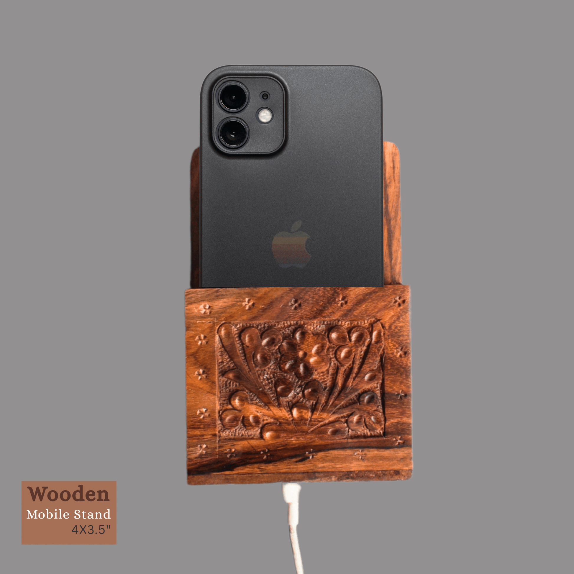 Handcrafted Wooden Mobile Stand with Charging Slot – 4 x 3.5 Inches
