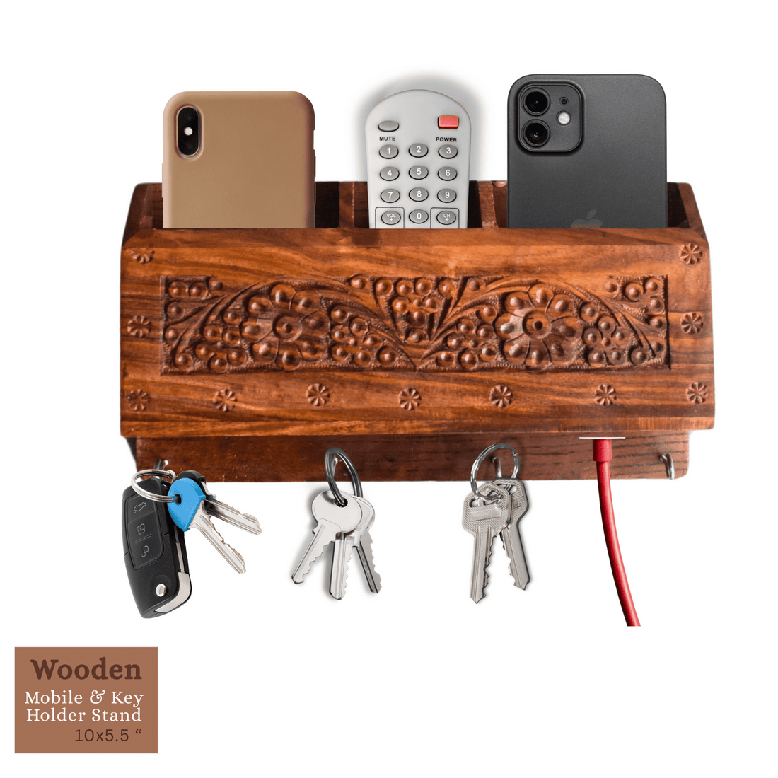 Handcrafted Wooden Wall Mounted Key & Mobile Holder Stand – 10 x 5.5 Inches