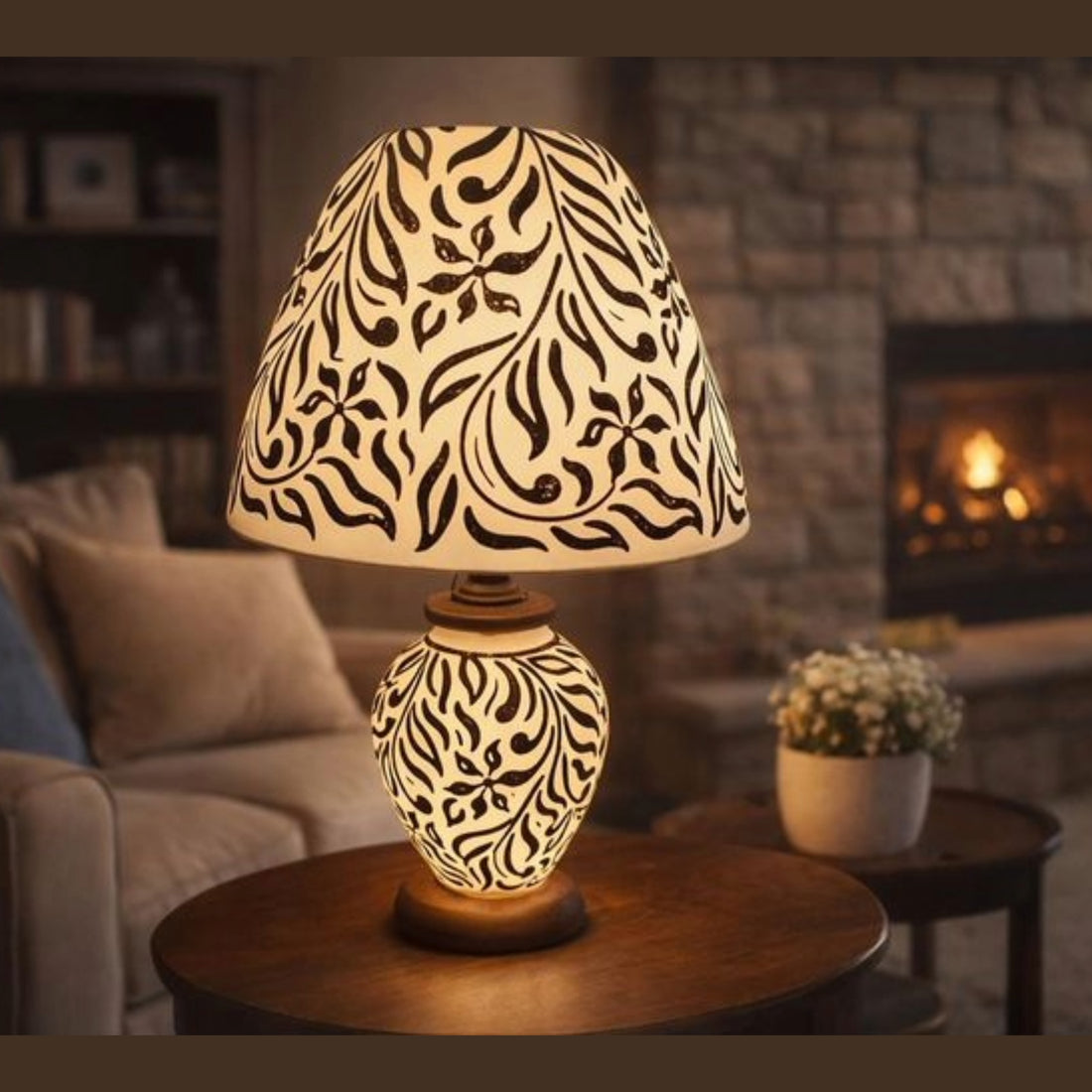 Handmade Camel Skin Table Lamp – Hand Painted Black White Style