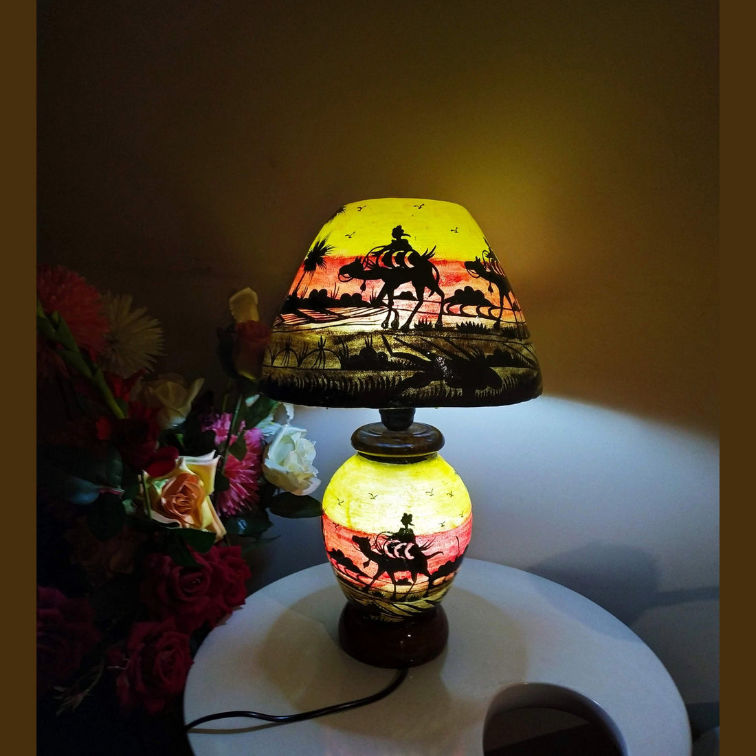 Handmade Camel Skin Table Lamp – Hand Painted Village Style