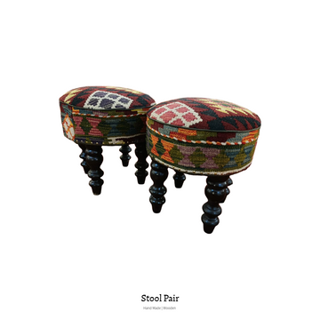 Handmade Kilim upholstered round wooden stool pair with traditional turned legs