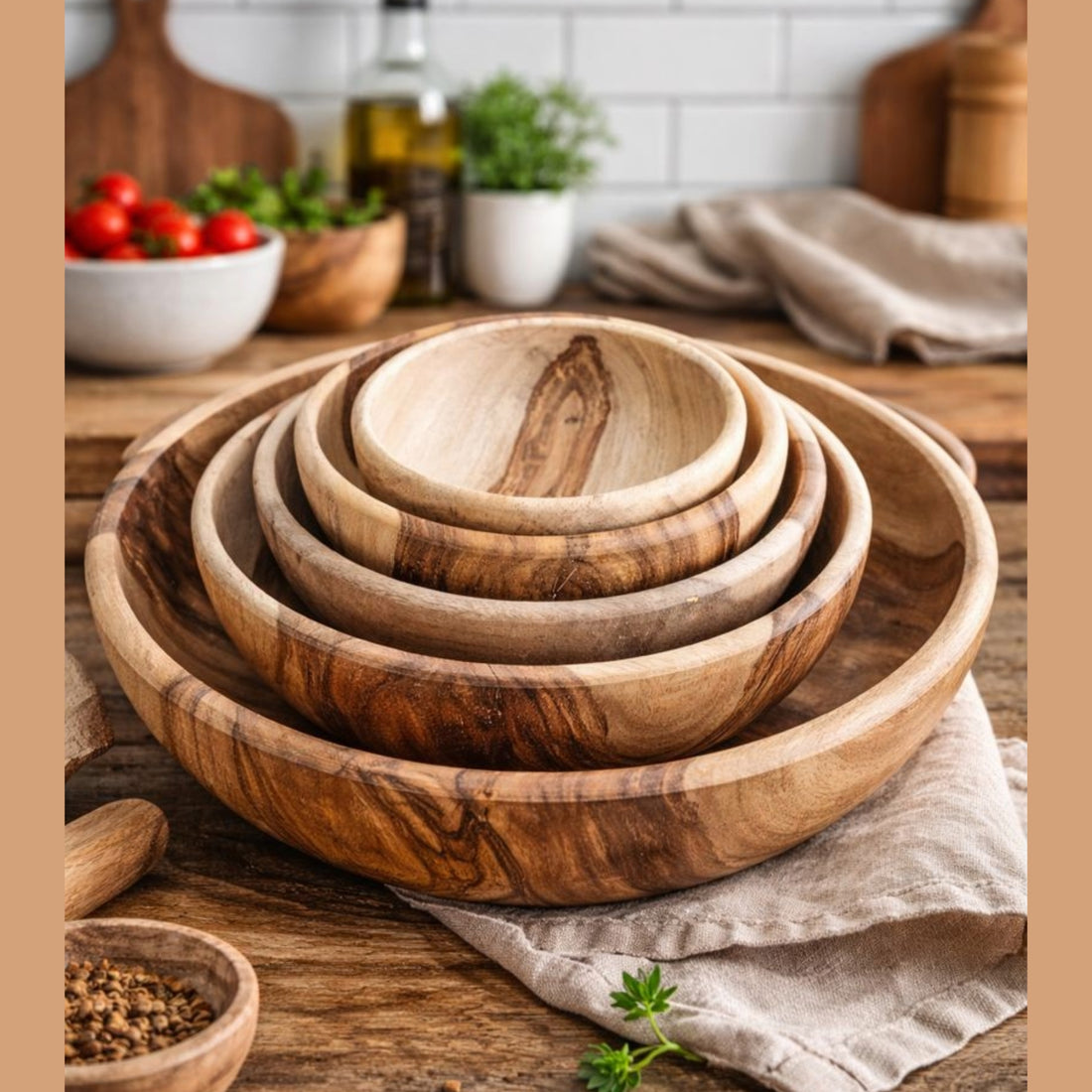 Handmade Wooden Bowl Set of 5 – Natural Wood Serving Bowls (Large to Small)