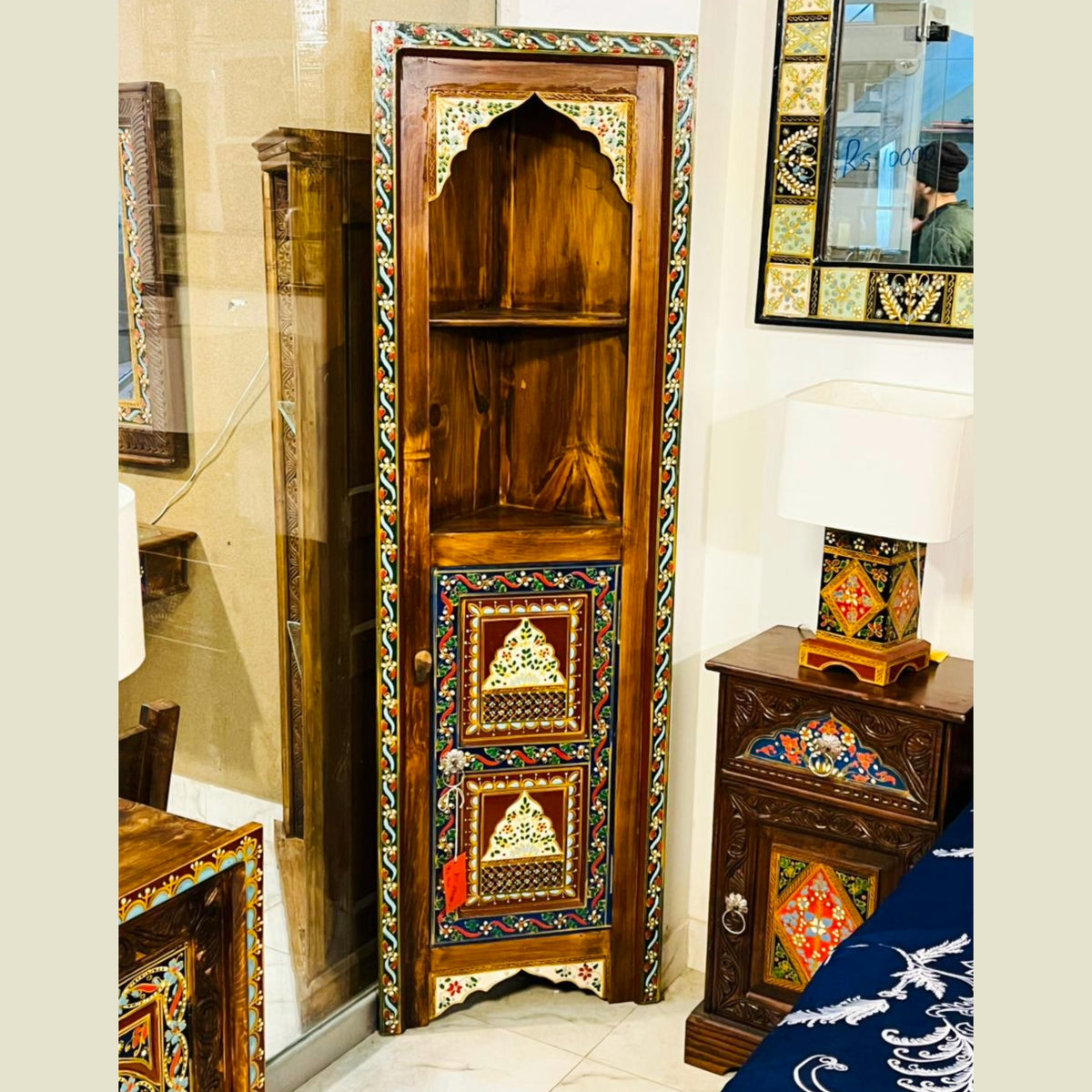 Handmade Wooden Corner Almari with Hand-Painted