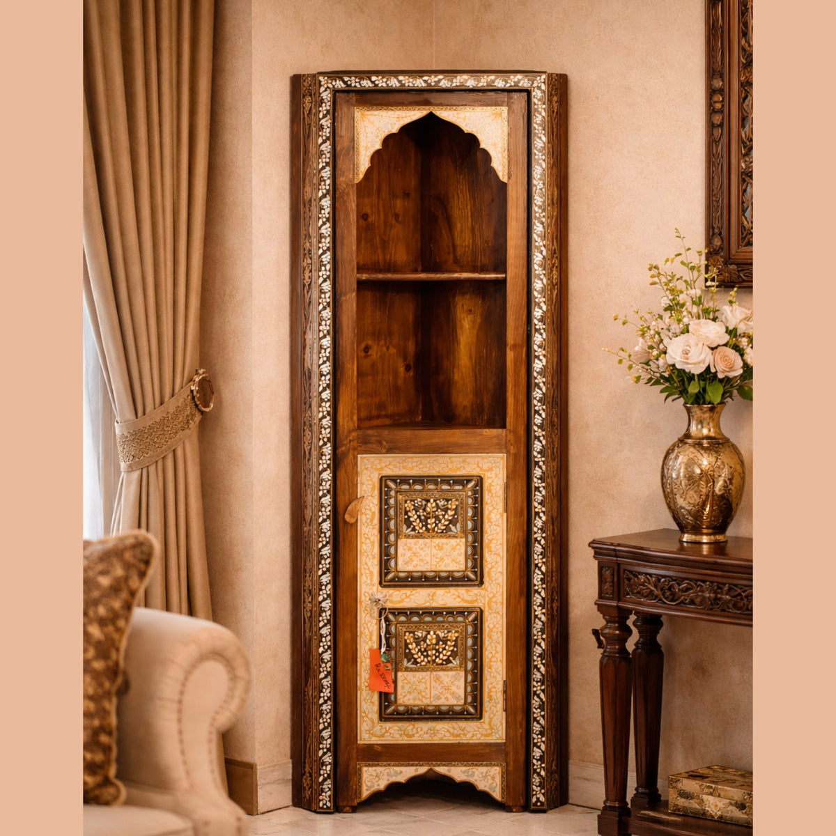 Handmade Wooden Corner Almari with Hand-Painted