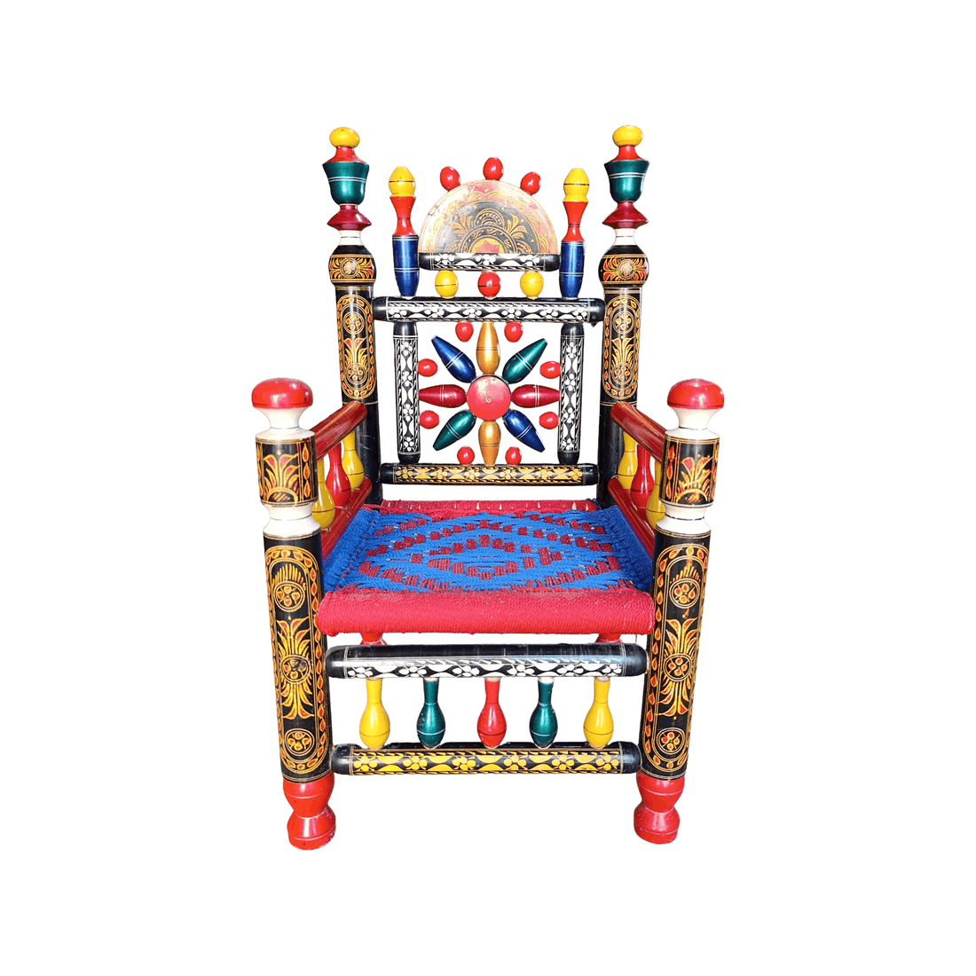 A highly decorative hand-painted wooden throne chair with red, yellow, and blue patterns, set against a plain white background.
