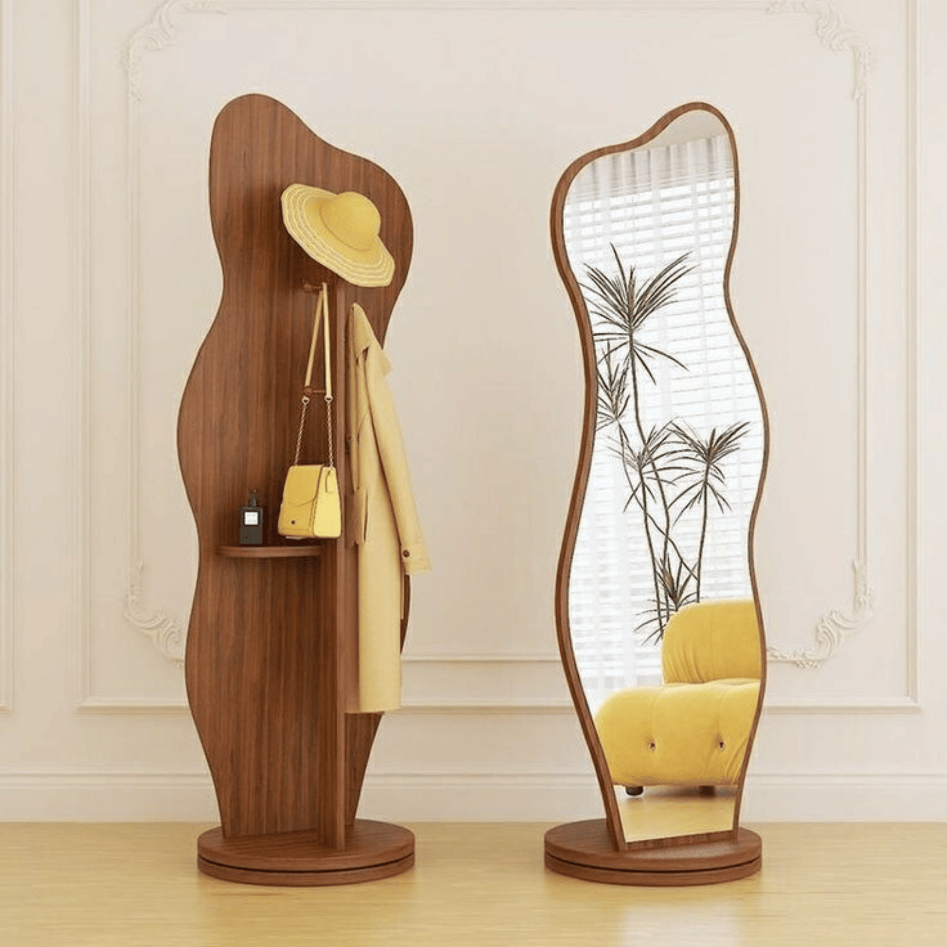 Modern sculptural wooden mirror with wavy frame and coat stand – AB Homes Pakistan