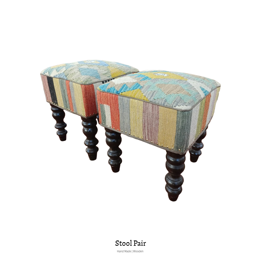 Multicolor upholstered handmade wooden stool pair with turned legs