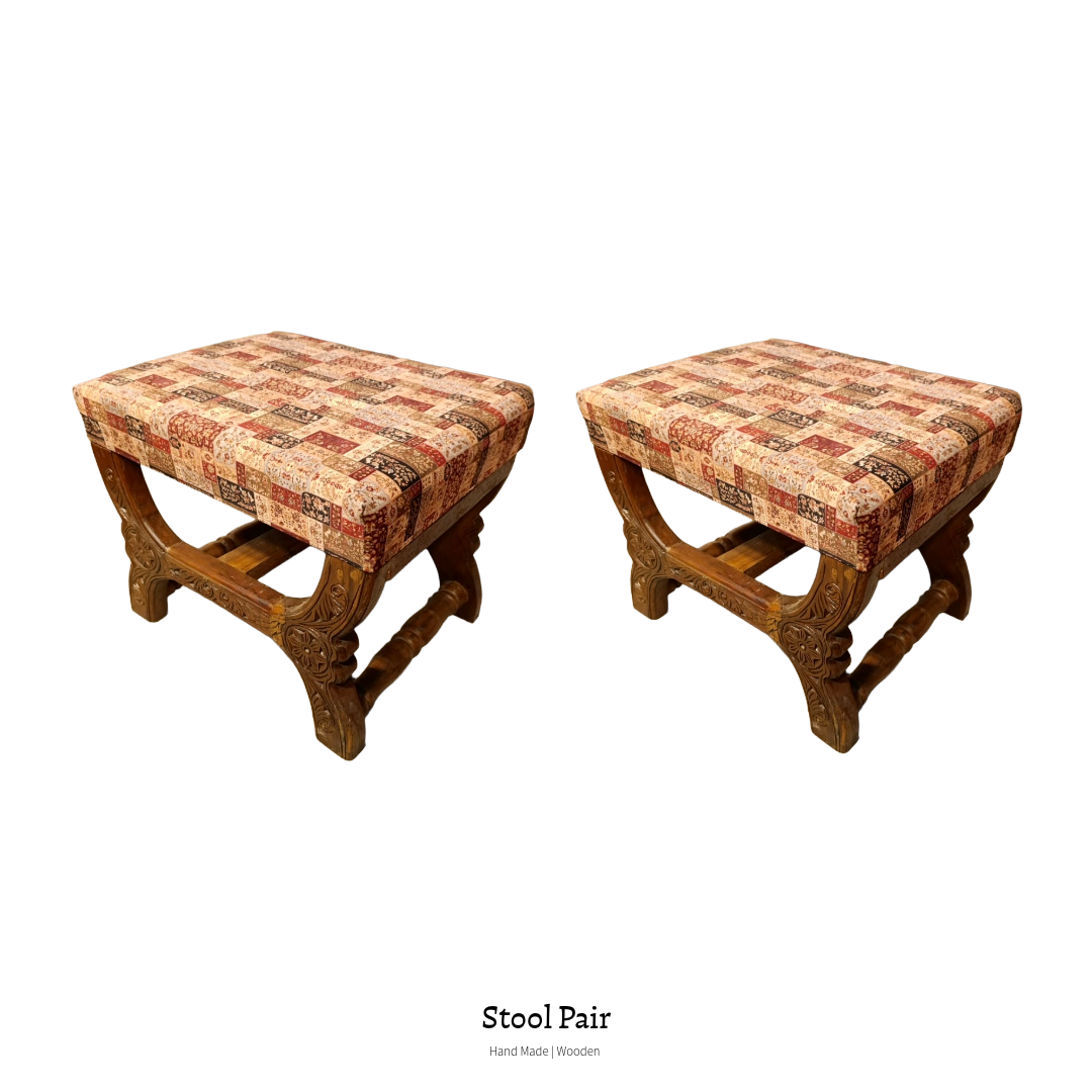 Hand-carved Swati Turkish style wooden stool pair with upholstered patterned seats