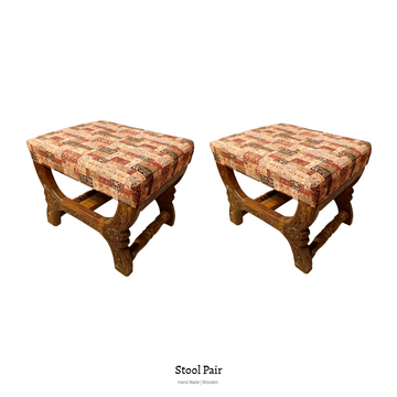 Hand-carved Swati Turkish style wooden stool pair with upholstered patterned seats