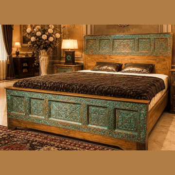 Royal Hand Made Swati Turk Style Wooden Bed Zinic Painted