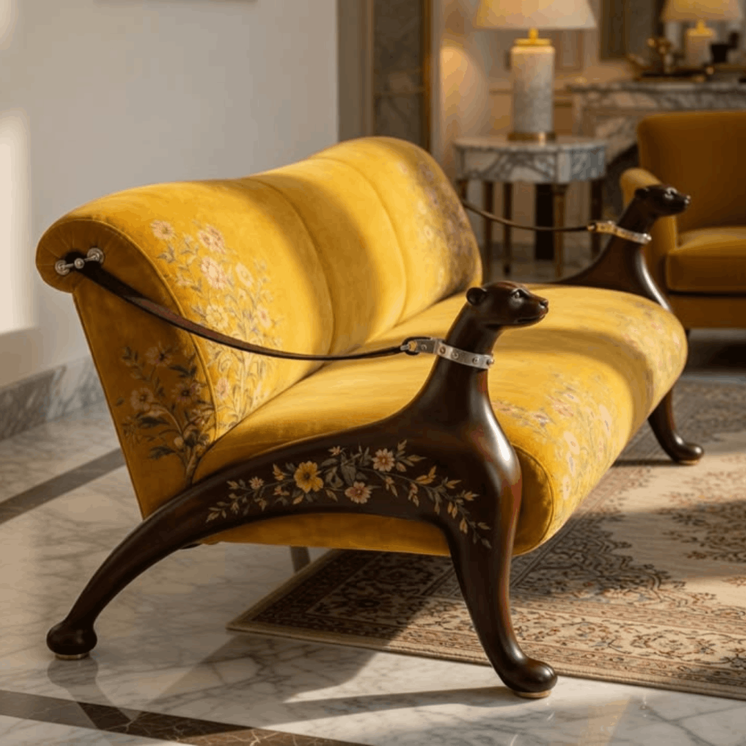 Luxury handcrafted designer floral sofa with artistic wooden frame by AB Homes Pakistan