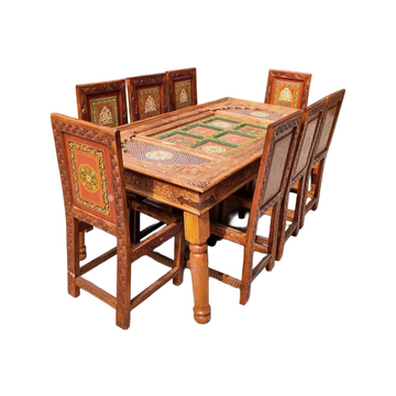 Luxury 8 Seater Handmade Swati Dining Set | Solid Kail Wood | Hand Carved & Hand Painted
