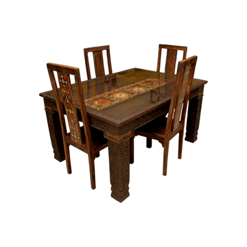 Luxury Handmade 4 Seater Dining Set crafted from Solid Kail Wood with hand-carved details, hand-painted artwork, and tempered glass top by AB Homes Pakistan