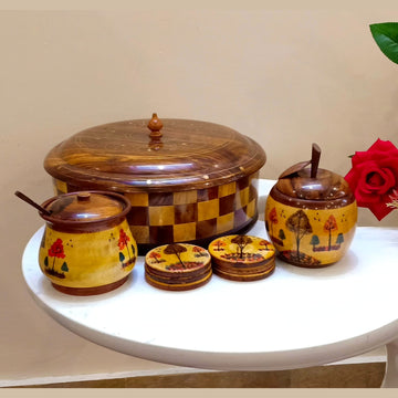 Handmade Wooden Hotpot, Sugar Pot & Tea Mat Combo Set