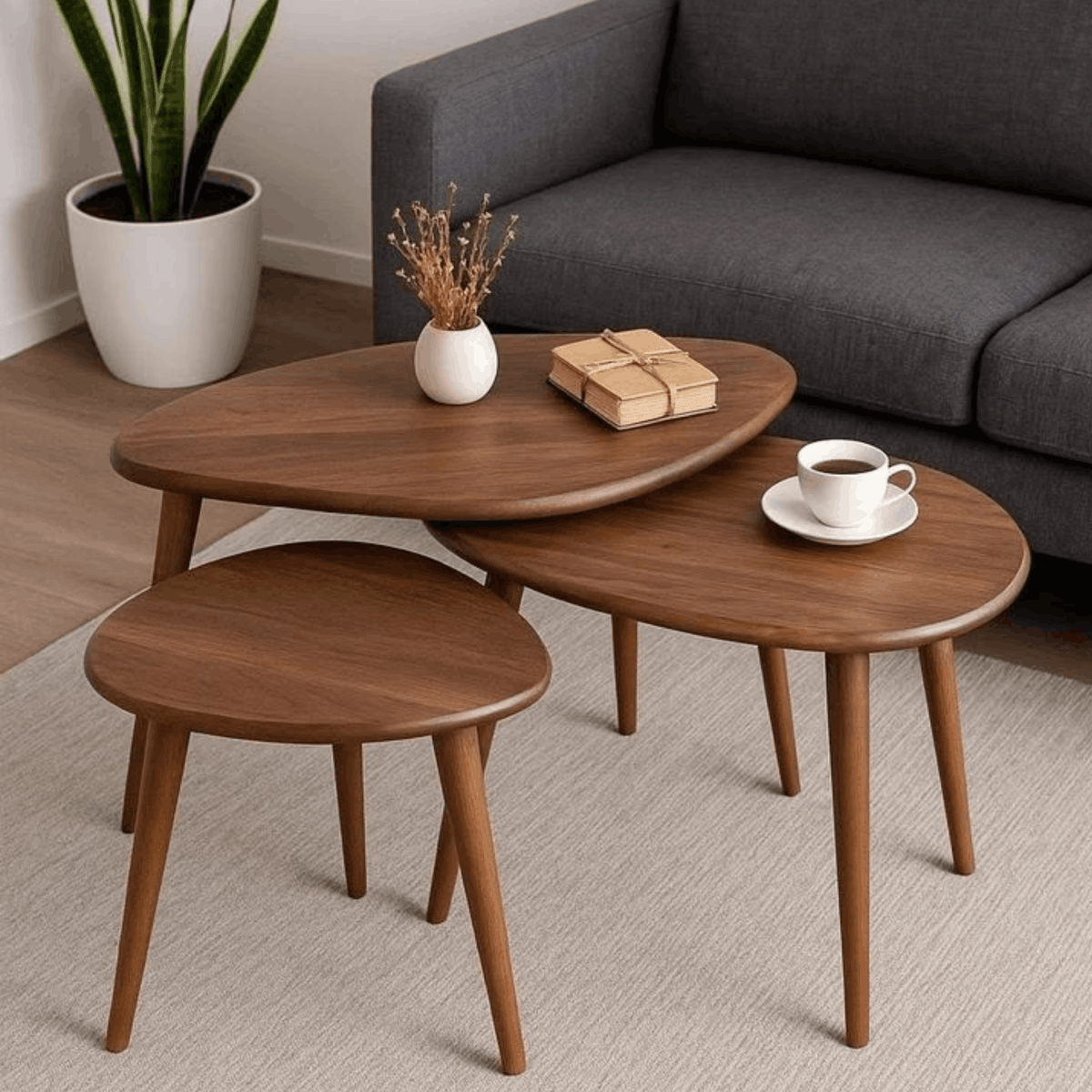 Three nested oval nesting coffee tables in a warm medium brown wood finish, styled in a living room setting with a gray sofa, a potted plant, and tabletop decor.