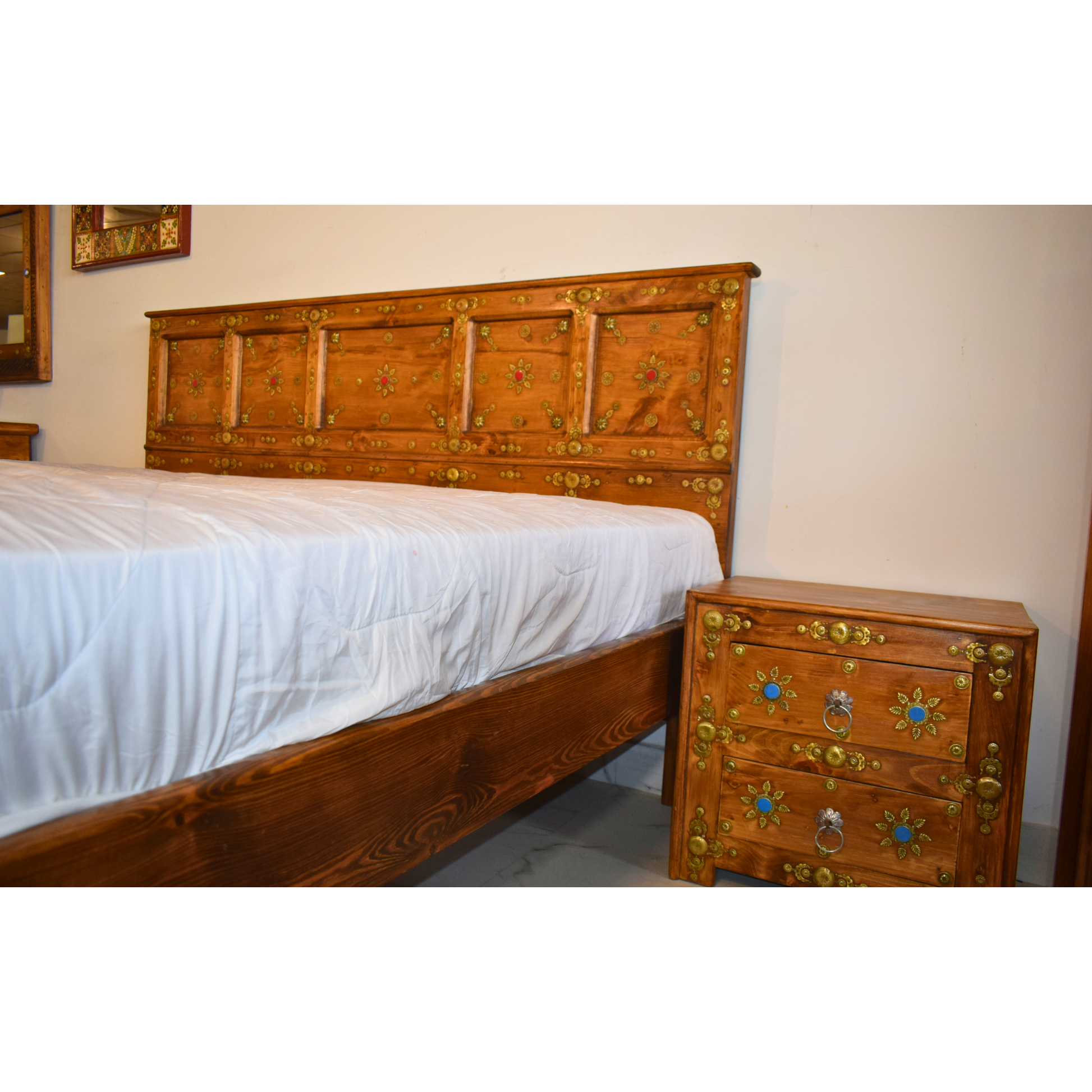Wooden Bed with Brass and Stone Work