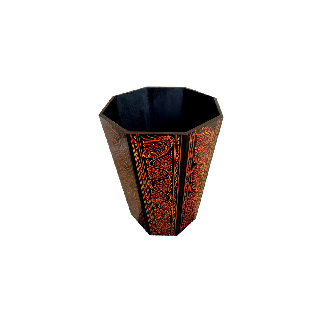 A hexagonal wooden cup or vase with a glossy black interior and red hand-painted lacquer style scrollwork on the exterior, shown against a plain white background.