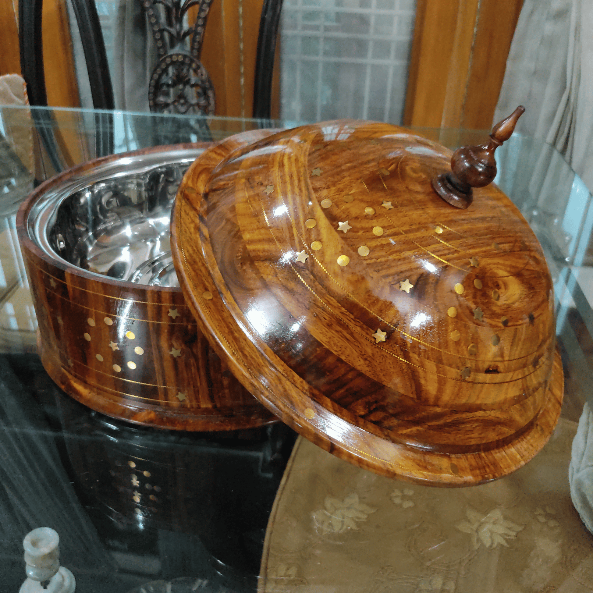 Wooden Hotpot with Brass Work Steel Bowl Inside elegant