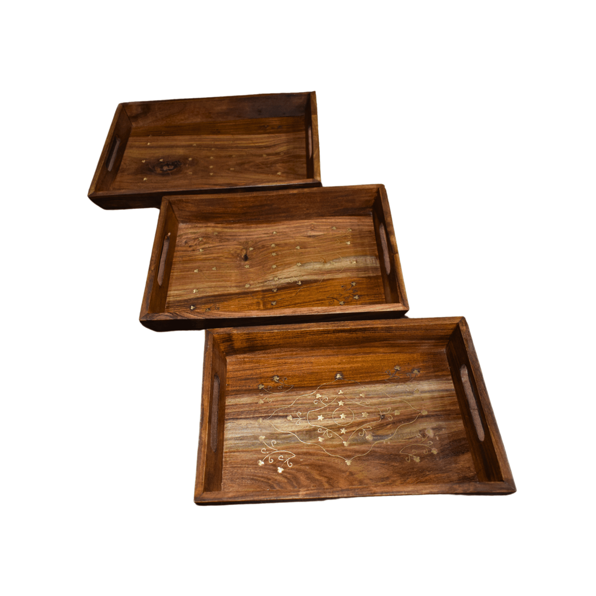 Wooden Tray Set of 3 with Brass Work