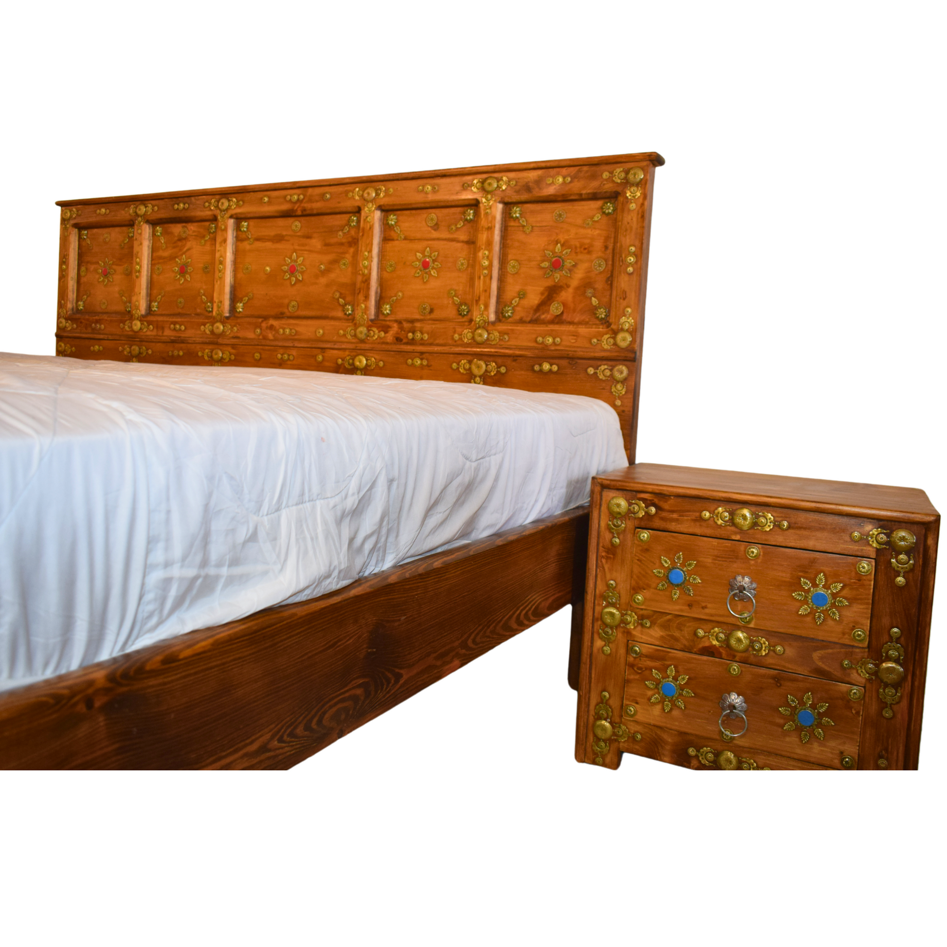 Wooden Bed with Brass and Stone Work