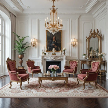 An elegant vintage-style living room featuring four tufted rose pink velvet armchairs with ornate gold frames, arranged around a glass-top coffee table on a large patterned area rug. The room has white paneled walls, a white marble fireplace with a portrait, a gold chandelier, and a large gold mirror.