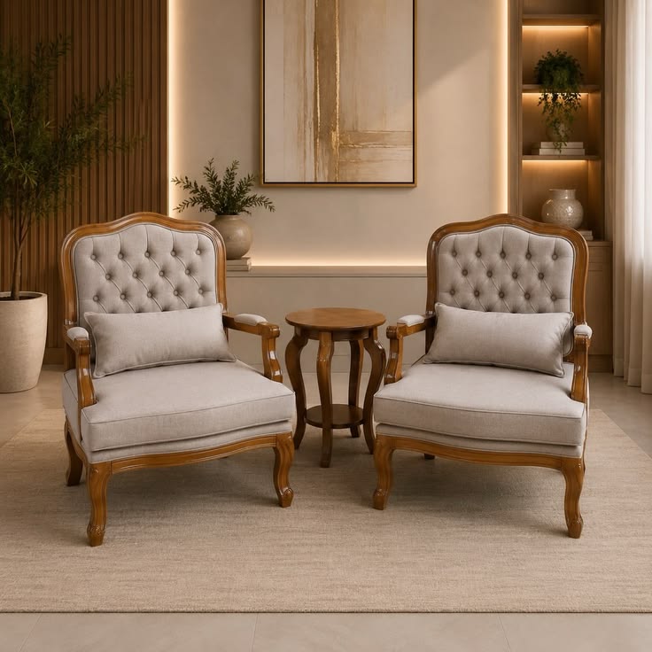 Two matching tufted armchairs with light beige upholstery and carved wooden frames, shown in a styled living room setting with a small round wooden side table between them.