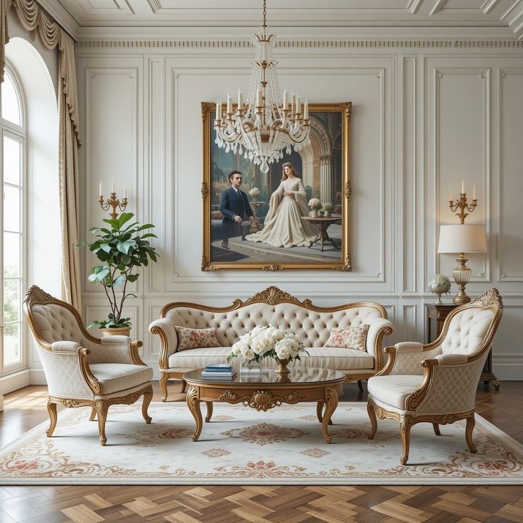 An elegant classical-style living room featuring a matching furniture set with a tufted cream sofa, two matching armchairs, and an ornate carved wooden coffee table, all arranged on a patterned rug in front of a large framed portrait on a paneled wall.