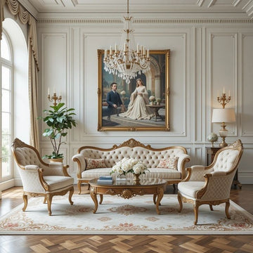 An elegant classical-style living room featuring a matching furniture set with a tufted cream sofa, two matching armchairs, and an ornate carved wooden coffee table, all arranged on a patterned rug in front of a large framed portrait on a paneled wall.