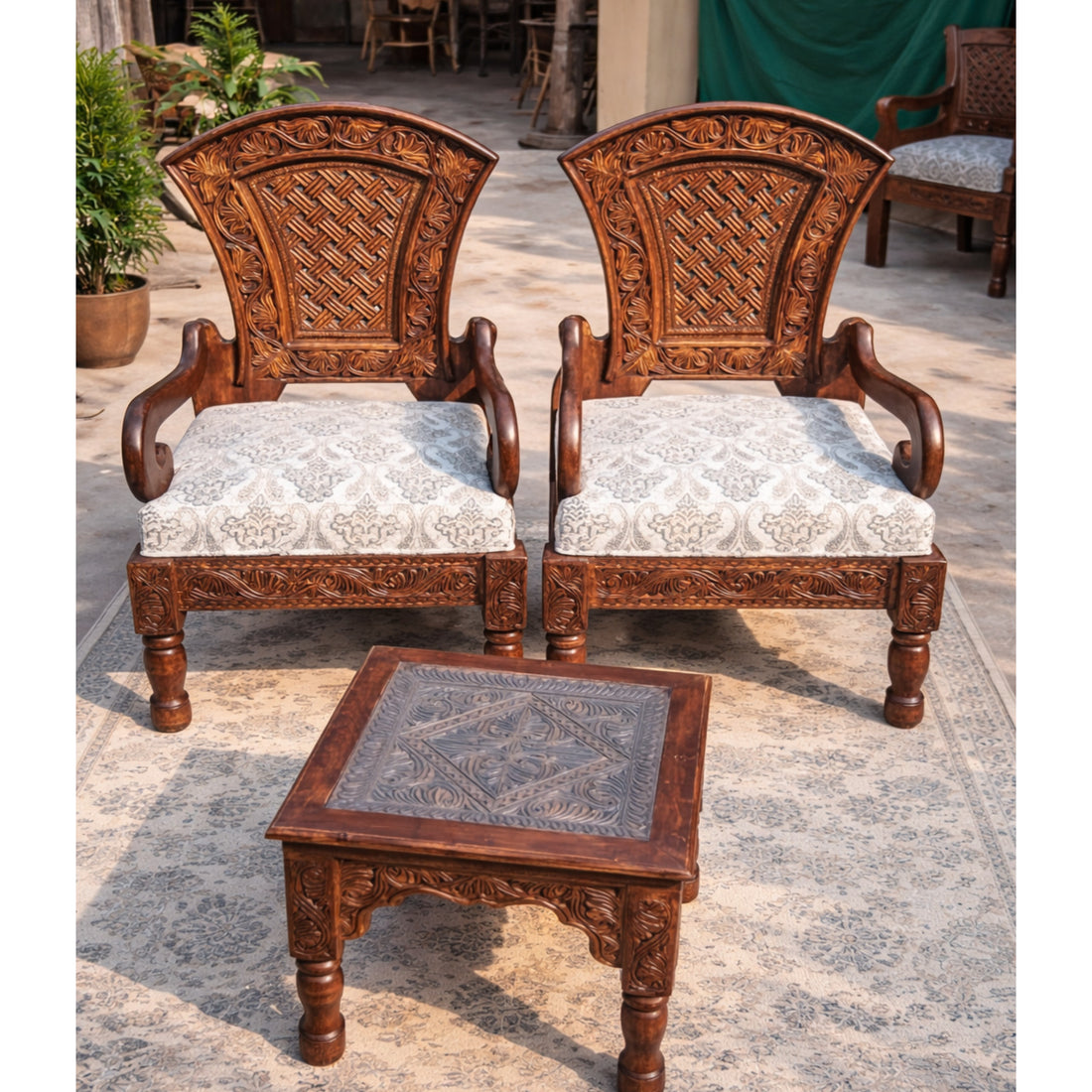 Hand Carved Solid Wood Room & Lobby Chair Set with Center Table